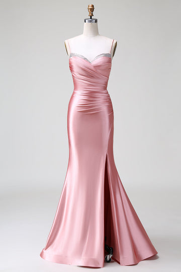 Vestido de fiesta de satén con tirantes de sirena y rubor con abertura